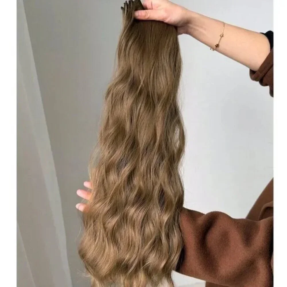 Ash light Brown Clip in 22 in Hair Extensions in Water Wave Human hair blend